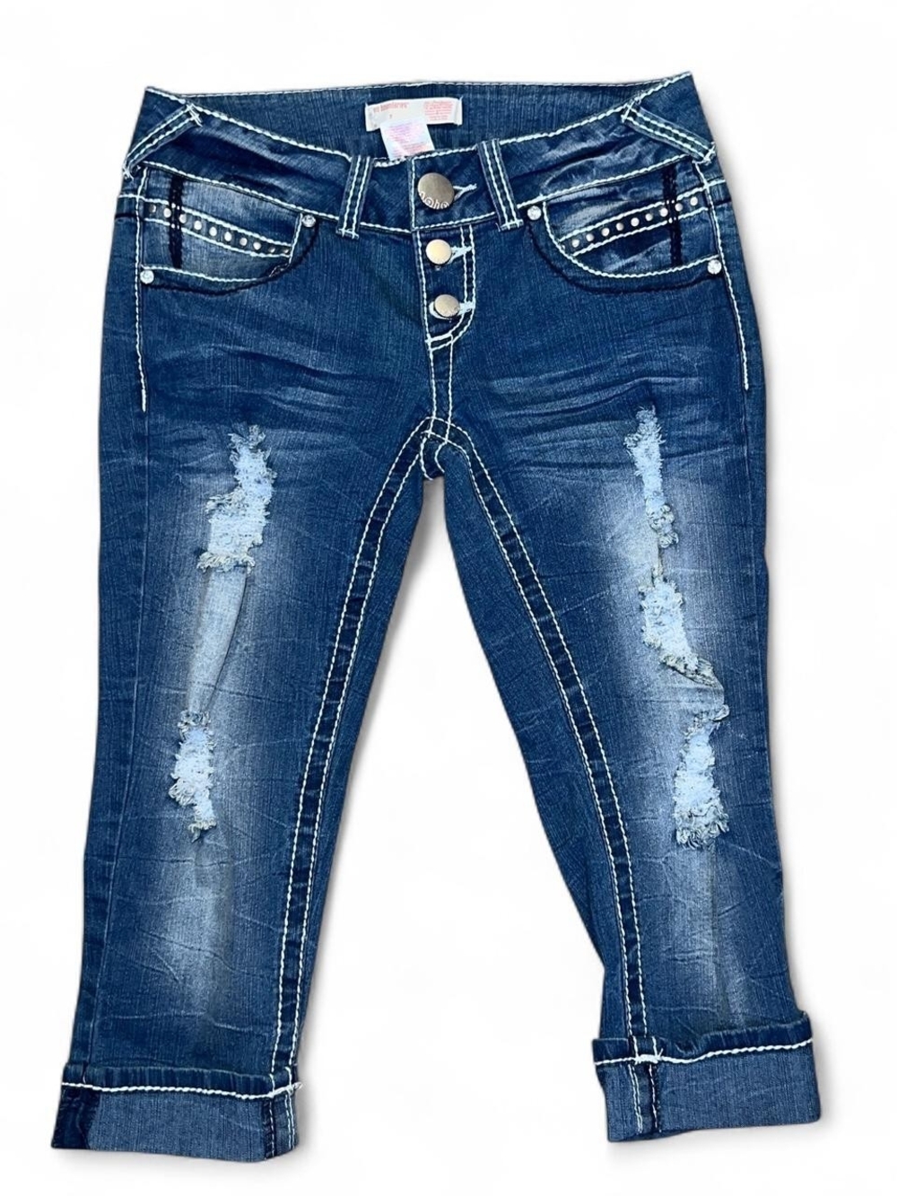 No Boundaries Dark Blue Distressed Cropped Capri - J11